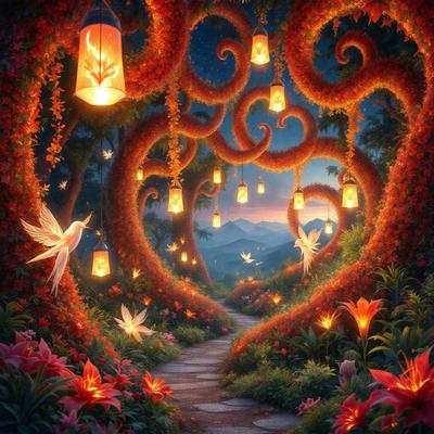 The primary subject of the image is a heart-shaped tunnel made of flowers, with a pathway leading through it. The setting is a garden, and the visual style is digital art. The colors and mood of the image are warm and inviting, with the heart-shaped tunnel and the surrounding flowers creating a sense of love and connection.